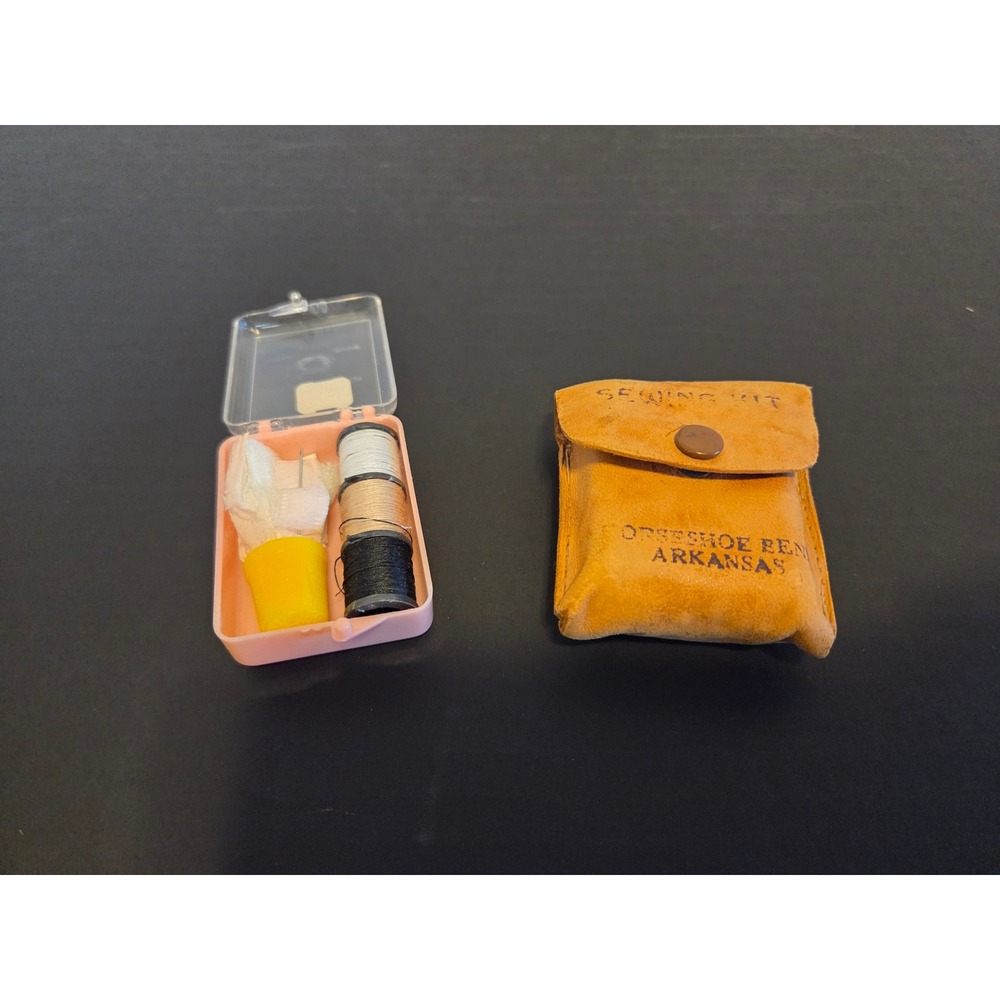 Vintage Horseshoe Bend Arkansas Travel Sewing Kit Suede Leather Souvenir Pouch